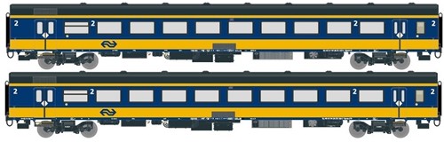Exact-Train EX11000 H0 - 2-delige Set NS ICRm Den Haag -Eindhoven voor binnenlandse inzet Eindwagen Bpmez10 en Passagiersrijtuig Bpmz10 ( Nieuwe Kleuren Geel/Blauw)
