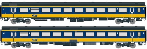 Exact-Train EX11001 H0 - 2-delige Set NS ICRm Den Haag -Eindhoven voor binnenlandse inzet Passagiersrijtuig Bpmz10 en Bagagerijtuig Bpmdz9 ( Nieuwe Kleuren Geel/Blauw)